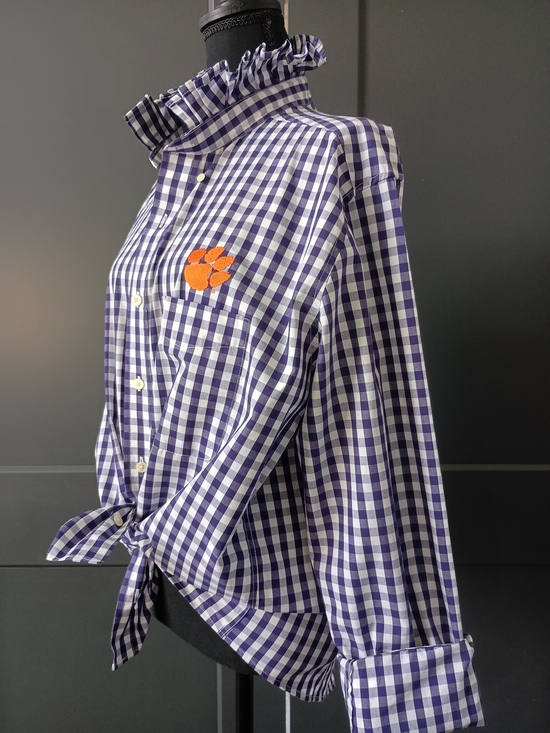 Tops - Upcycled Women's Clemson Ruffle Collar Shirt #102